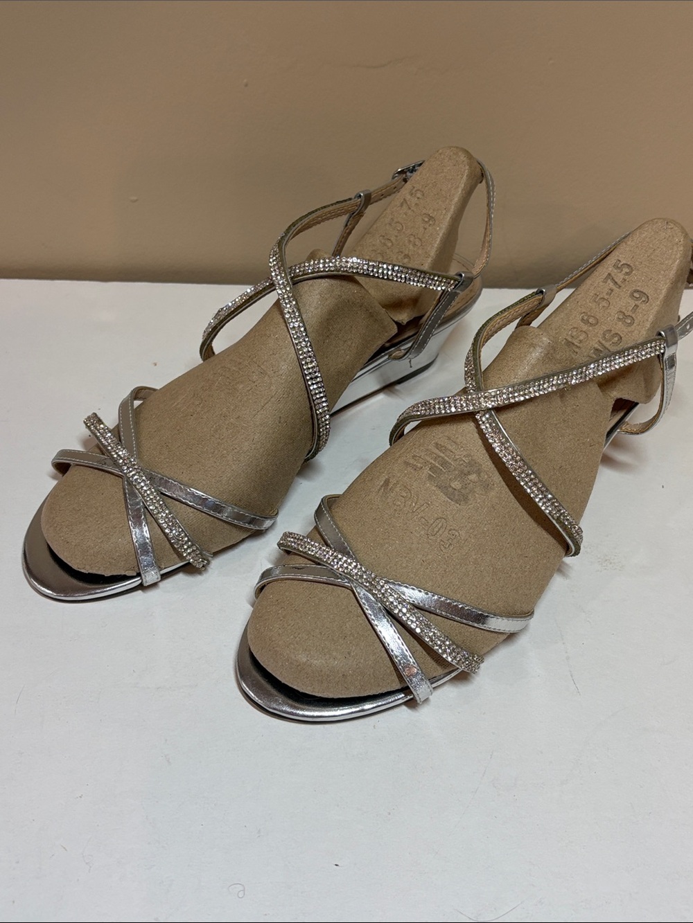 I Miller Silver Rhinestone Strappy Evening Wedge Heels for Women